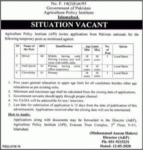 Agriculture Policy Institute Islamabad Jobs May 2020