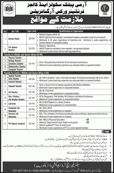 Army Public School & College FWO Jobs 2023