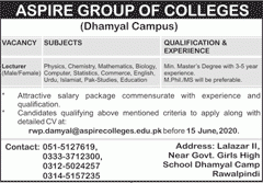 Aspire Group of Colleges Rawalpindi Dhamyal Campus Jobs May 2020