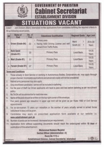 Cabinet Secretariat Establishment Division Jobs February 2020