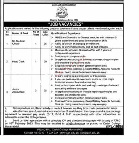 Cadet College Hasan Abdal Jobs 2023