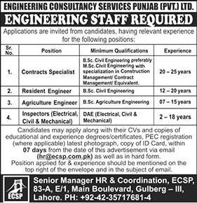 Jobs In Engineering Consultancy Services Punjab Pvt Limited Lahore