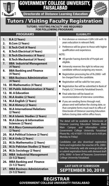 Jobs In Government College University GCU Lahore And Faisalabad