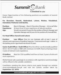 Jobs In Summit Bank Limited (Multiple Cities)