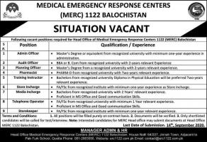 Medical Emergency Response Centers MERC Recuse Jobs Pakistan 2020