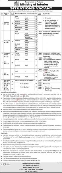 Ministry of Interior Islamabad Jobs October 2019