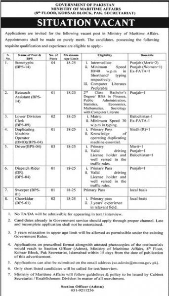 Ministry of Maritime Affairs Islamabad Jobs 2020