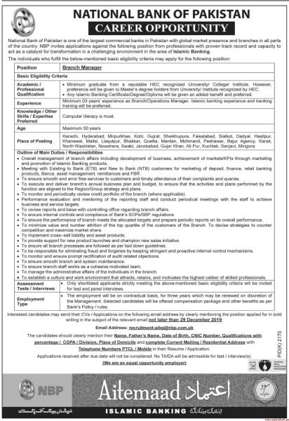 Operations And Branch Manager Jobs In National Bank Of Pakistan