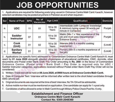 Ordnance Center Malir Cantt Karachi Jobs May 2020