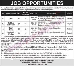 Ordnance Center Malir Cantt Karachi Jobs May 2020