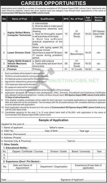 Pak Army Jobs 2021 At 303 Spares Depot Eme Lahore Cantt