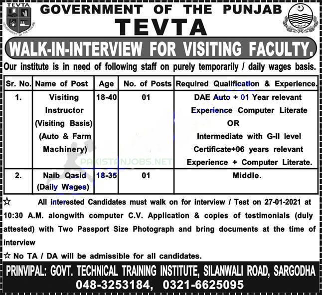 TEVTA Punjab Jobs 2021 Latest Advertisement