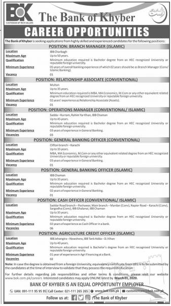 The Bank Of Khyber Jobs February 2020