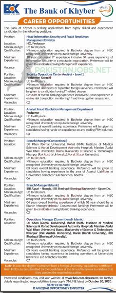 The Bank Of Khyber Jobs October 2020