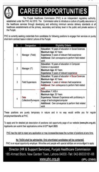 The Punjab Healthcare Commission (PHC) Jobs 2023