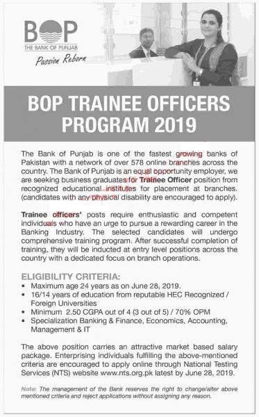 BOP Trainee Officers Program 2019 - BANK OF PUNJAB INTERNSHIPS