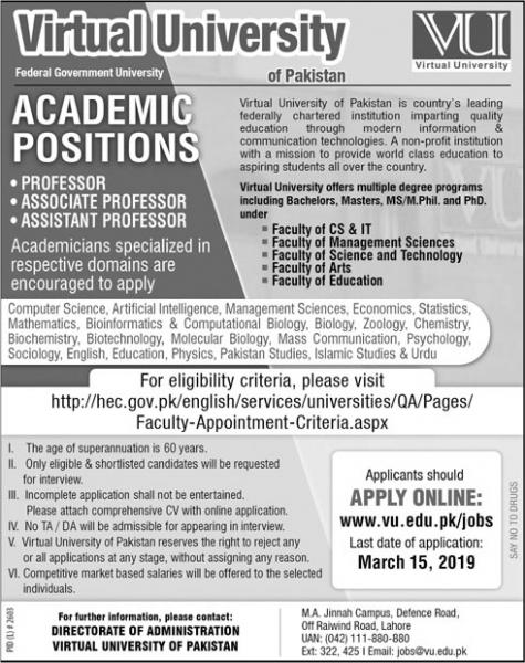 Virtual University of Pakistan - Jobs 2019