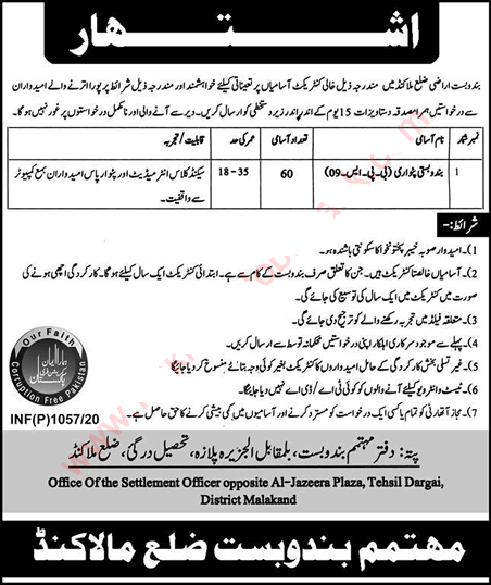 Settlement Office Malakand Patwari Jobs March 2020 KPK